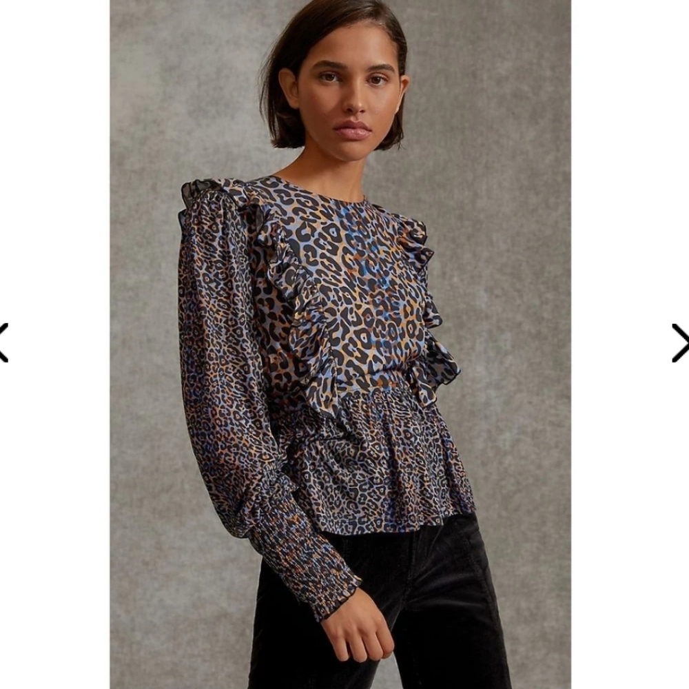 BL^NK LONDON LEOPARD PRINT MOIRA RUFFLED PEPLUM TOP SZ XL